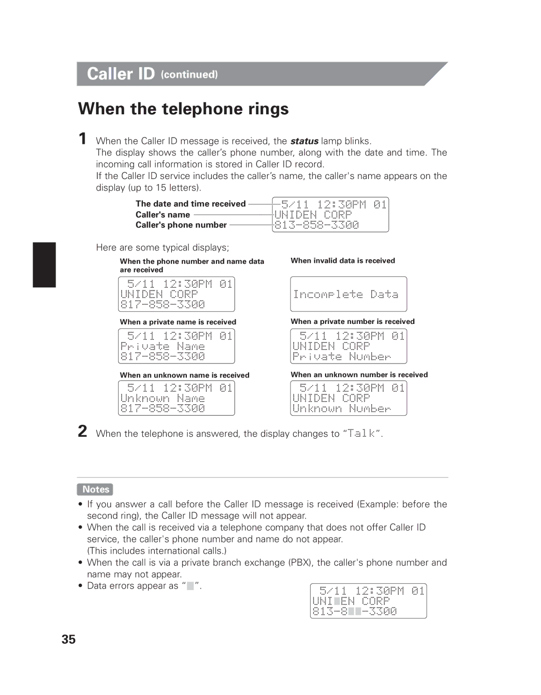 Uniden EXI 8965 owner manual When the telephone rings, Here are some typical displays 