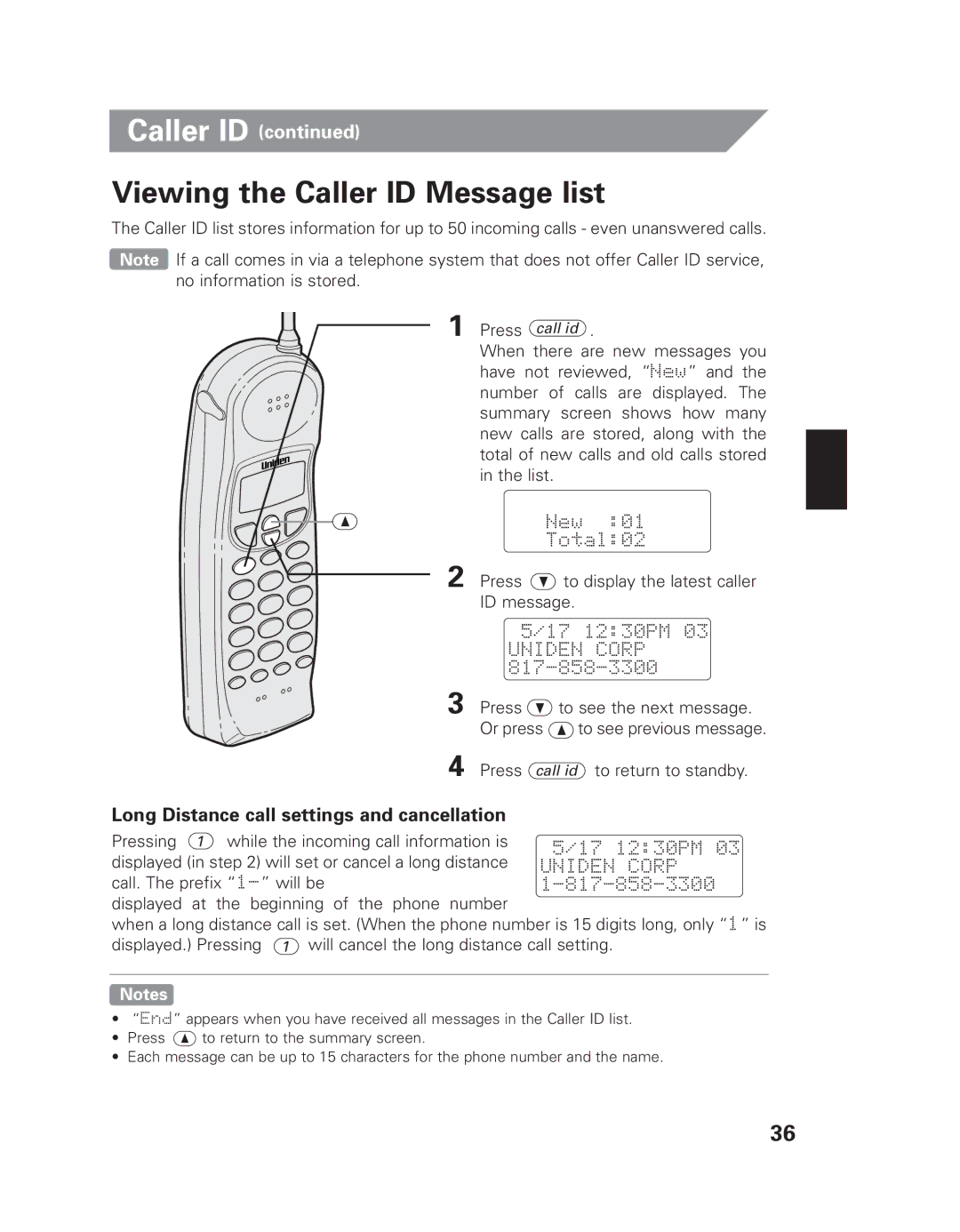 Uniden EXI 8965 owner manual Viewing the Caller ID Message list, Long Distance call settings and cancellation 