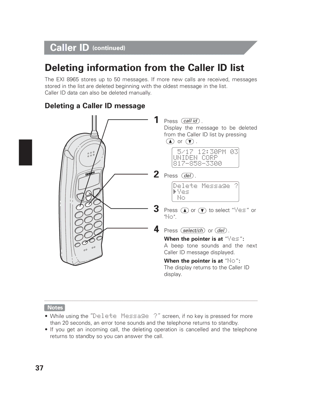 Uniden EXI 8965 owner manual Deleting information from the Caller ID list, Deleting a Caller ID message 