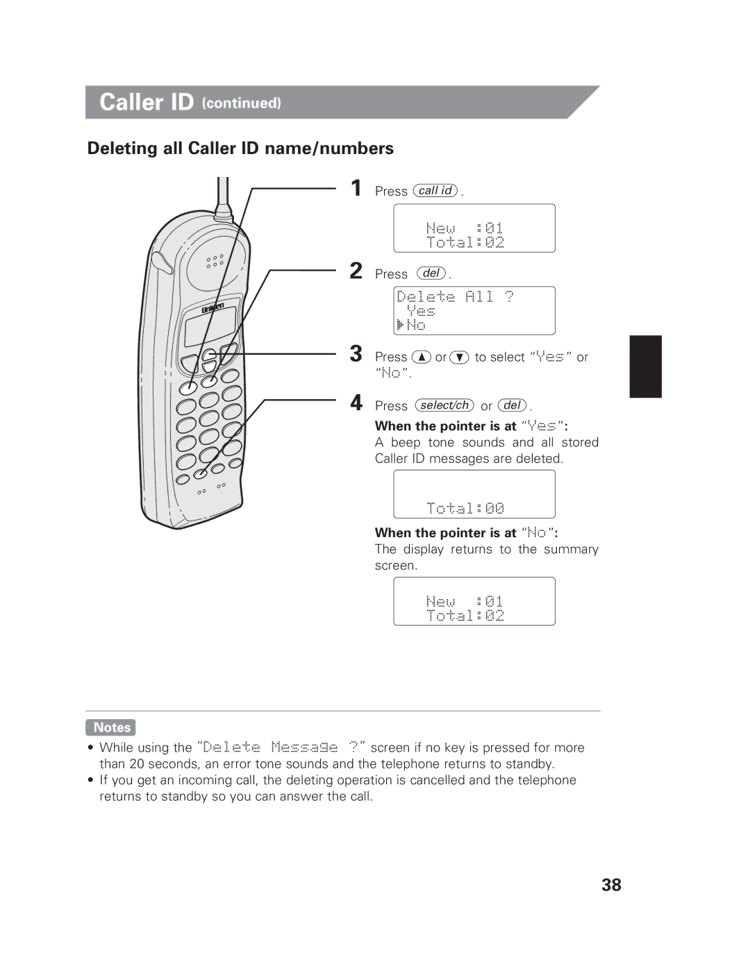 Uniden EXI 8965 owner manual Deleting all Caller ID name/numbers 