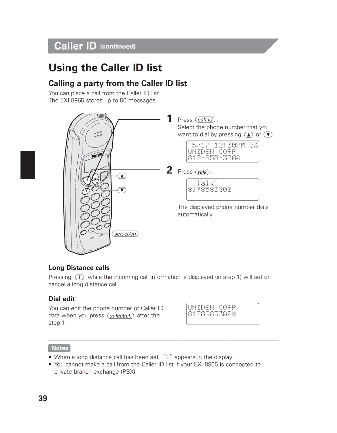 Uniden EXI 8965 Using the Caller ID list, Calling a party from the Caller ID list, Long Distance calls, Dial edit 