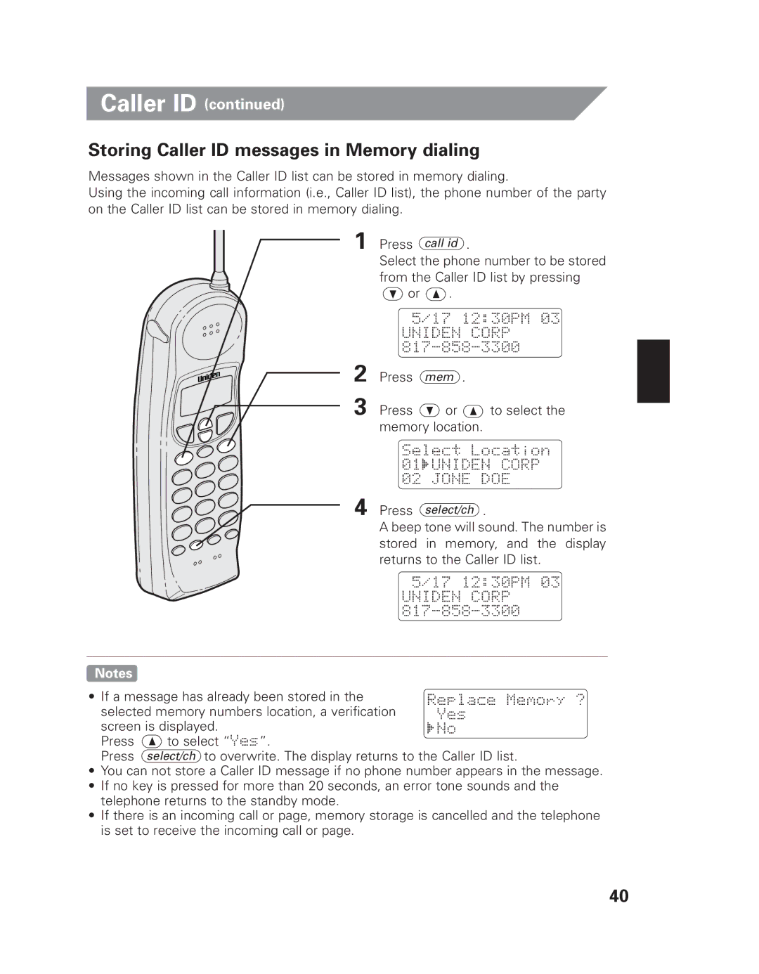 Uniden EXI 8965 owner manual Storing Caller ID messages in Memory dialing 