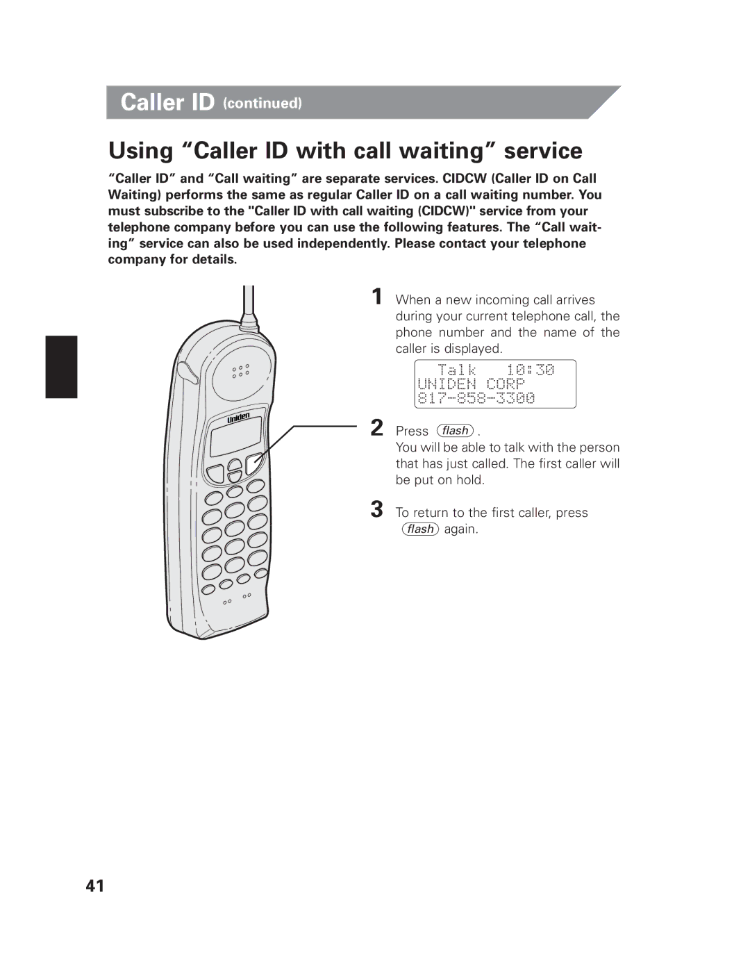 Uniden EXI 8965 owner manual Using Caller ID with call waiting service 