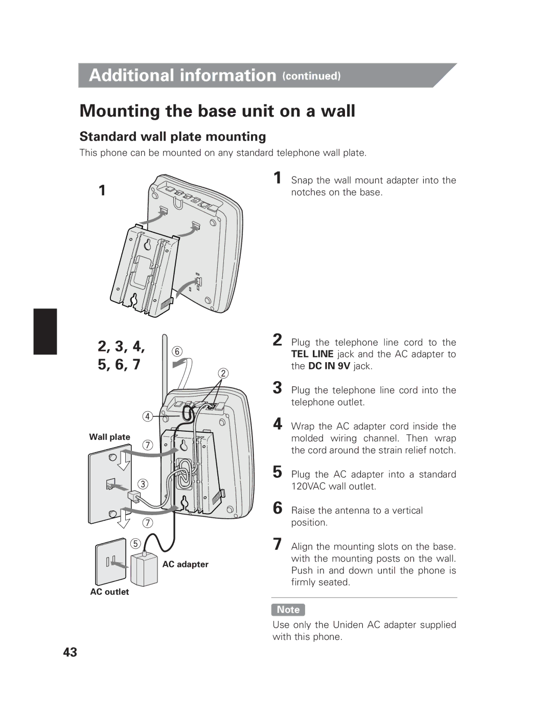 Uniden EXI 8965 owner manual Mounting the base unit on a wall, Standard wall plate mounting 