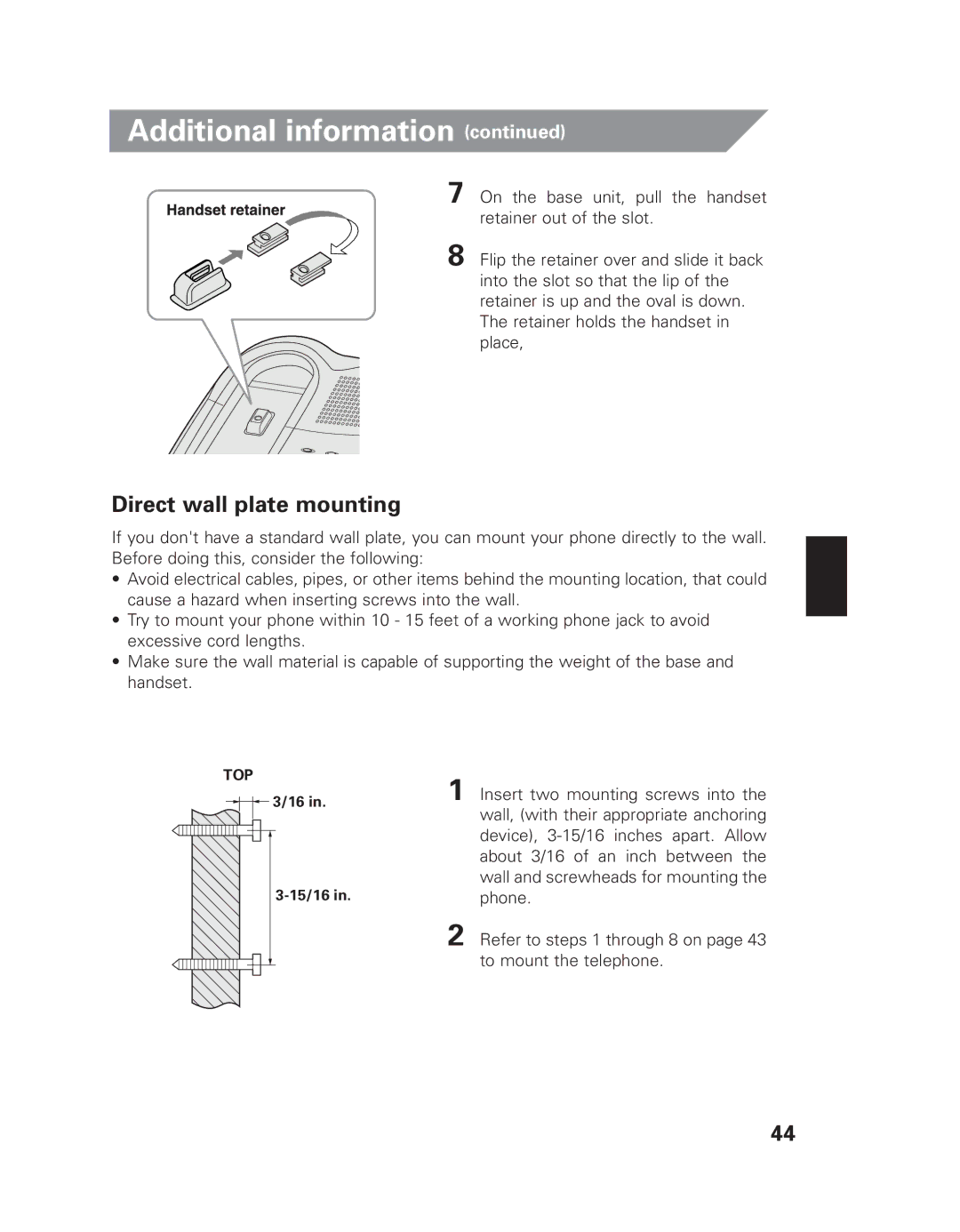 Uniden EXI 8965 owner manual Direct wall plate mounting 