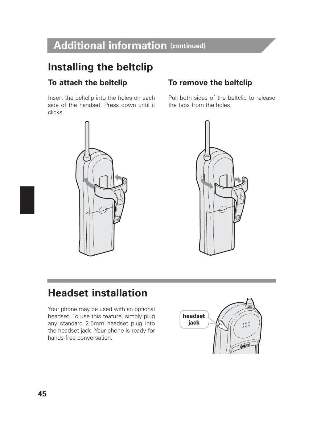 Uniden EXI 8965 owner manual Installing the beltclip, Headset installation, To attach the beltclip To remove the beltclip 