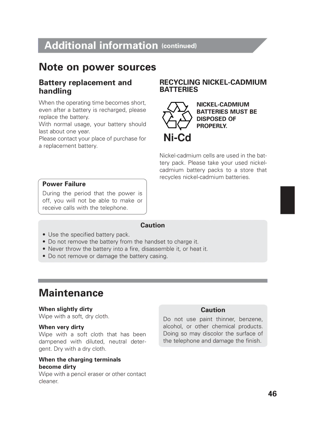 Uniden EXI 8965 owner manual Maintenance, Battery replacement and handling, Power Failure 