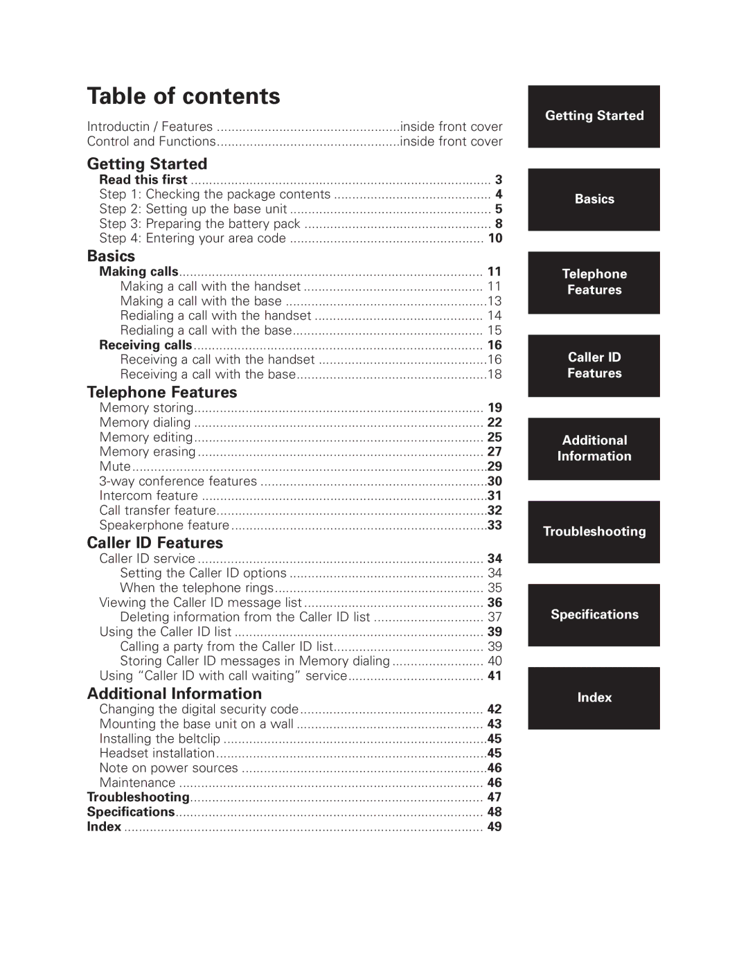 Uniden EXI 8965 owner manual Table of contents 