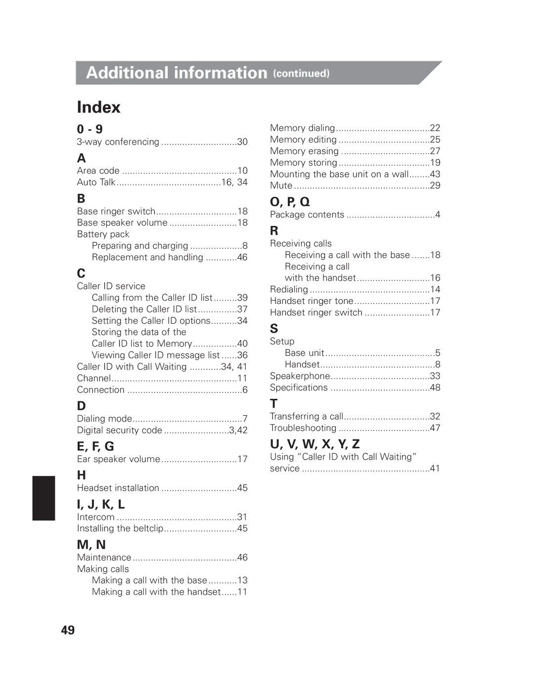 Uniden EXI 8965 owner manual Index, K, L, W, X, Y, Z 