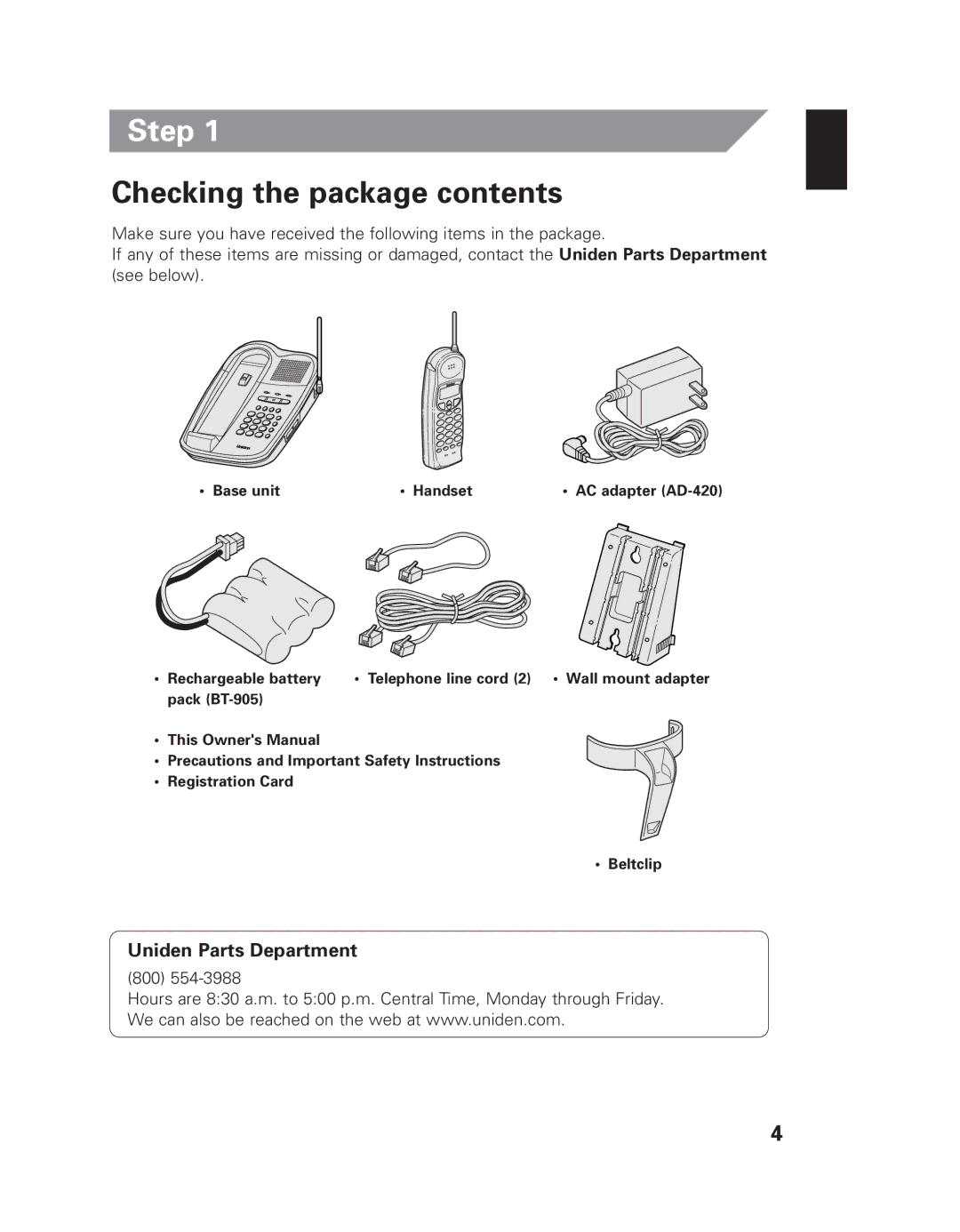 Uniden EXI 8965 owner manual Step, Checking the package contents 