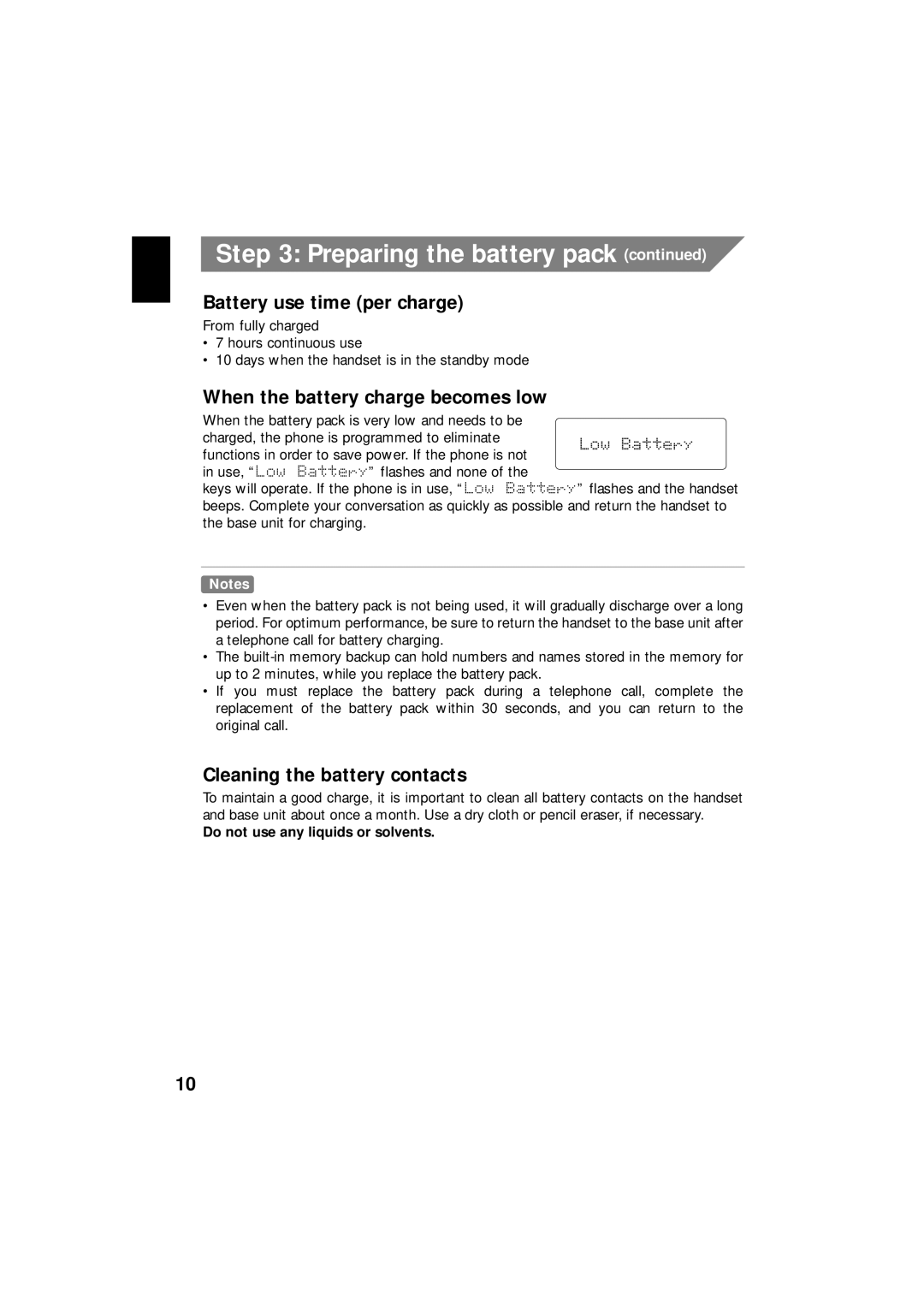 Uniden EXI 8966 manual Battery use time per charge, When the battery charge becomes low, Cleaning the battery contacts 