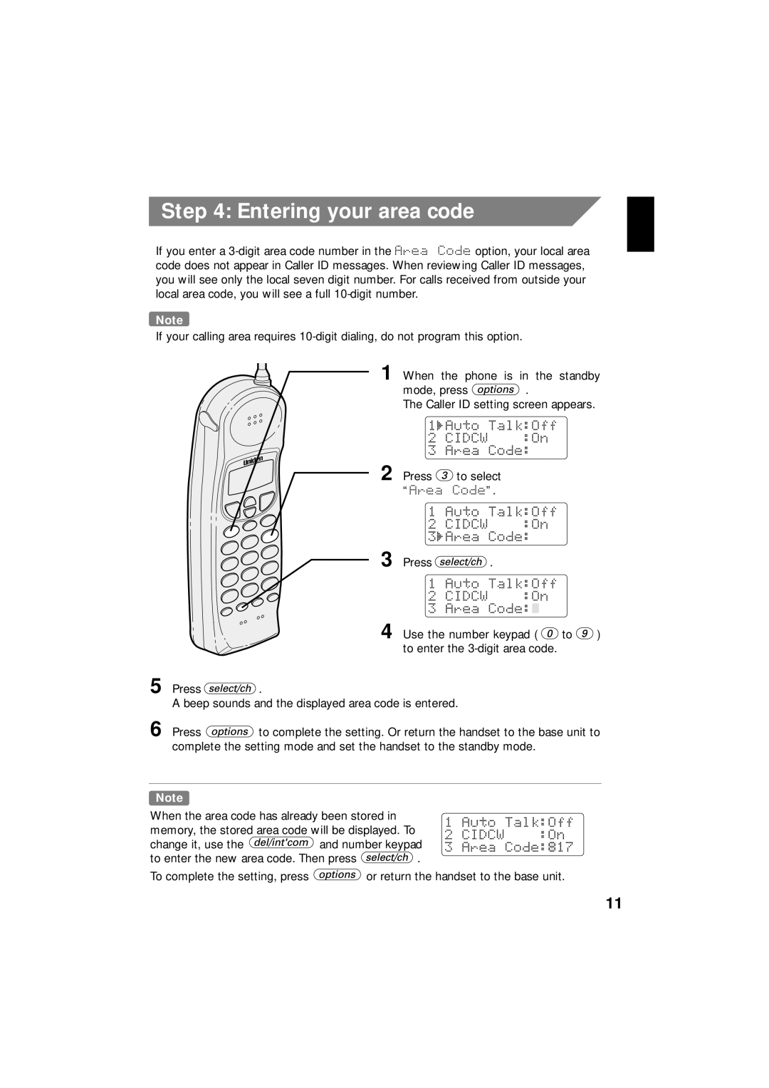 Uniden EXI 8966 manual Entering your area code 