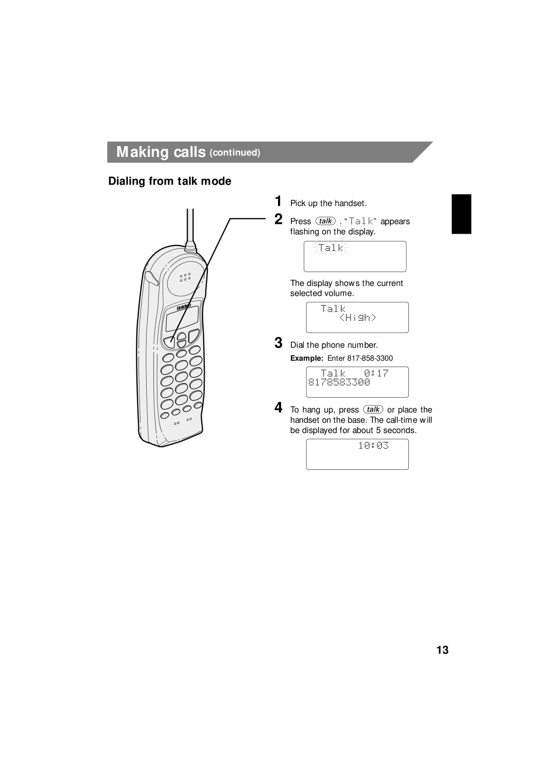 Uniden EXI 8966 manual Dialing from talk mode 