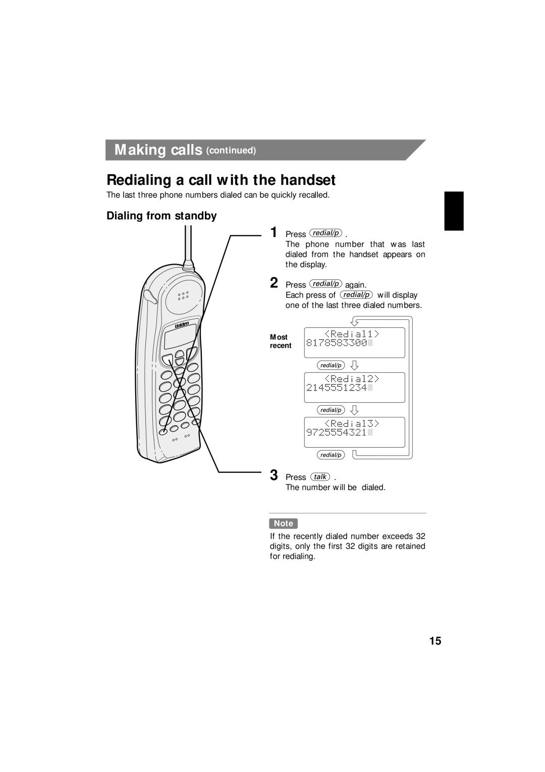 Uniden EXI 8966 manual Redialing a call with the handset 