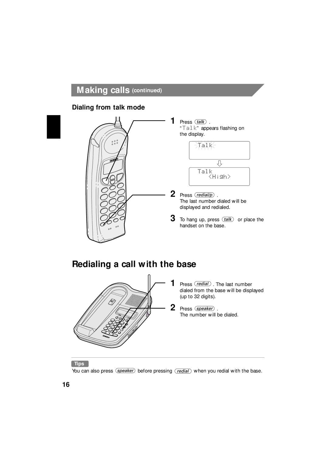 Uniden EXI 8966 manual Redialing a call with the base, Dialing from talk mode 