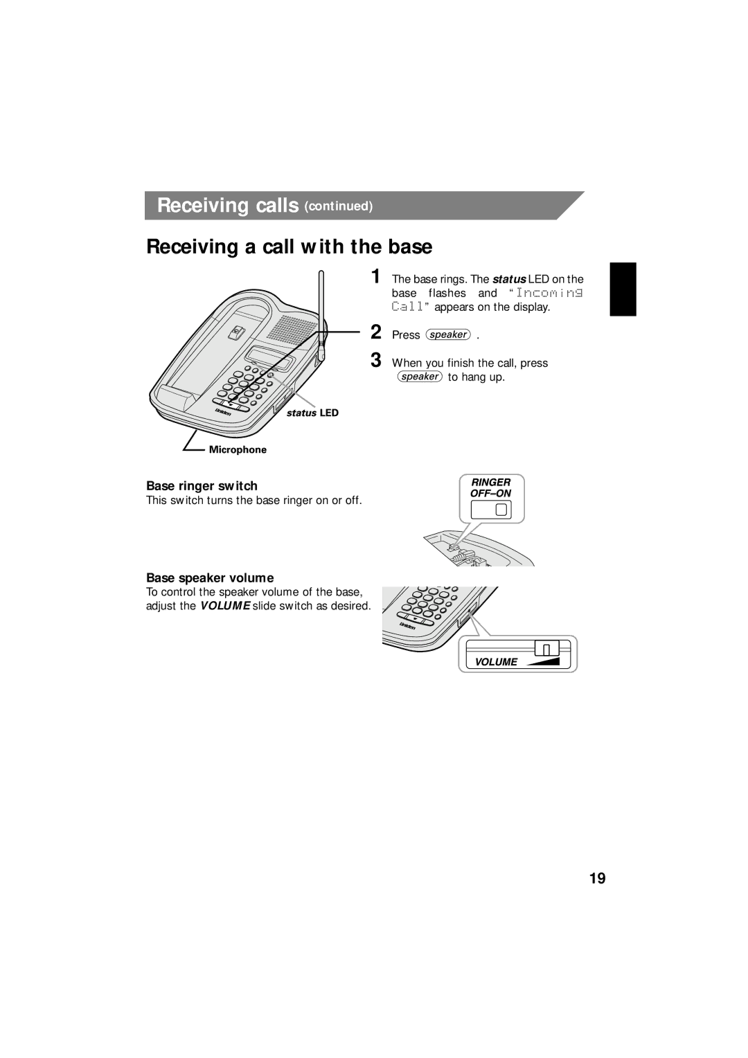 Uniden EXI 8966 manual Receiving a call with the base, Base ringer switch, Base speaker volume 