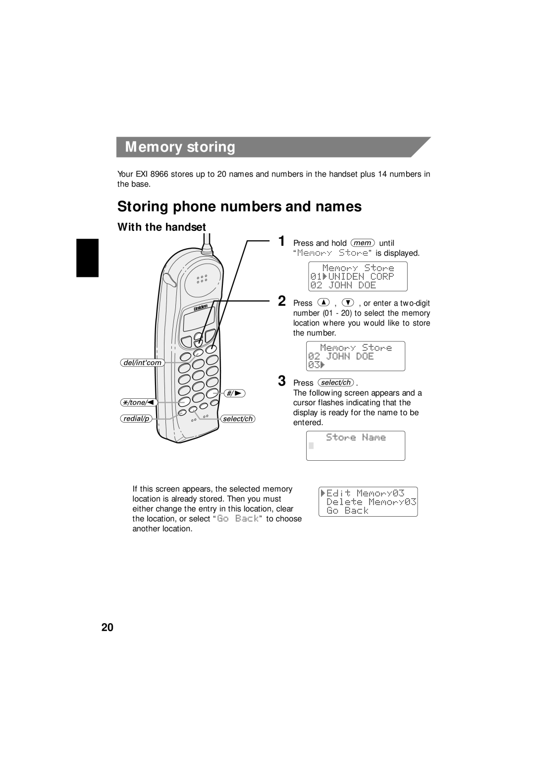 Uniden EXI 8966 manual Memory storing, Storing phone numbers and names, With the handset 