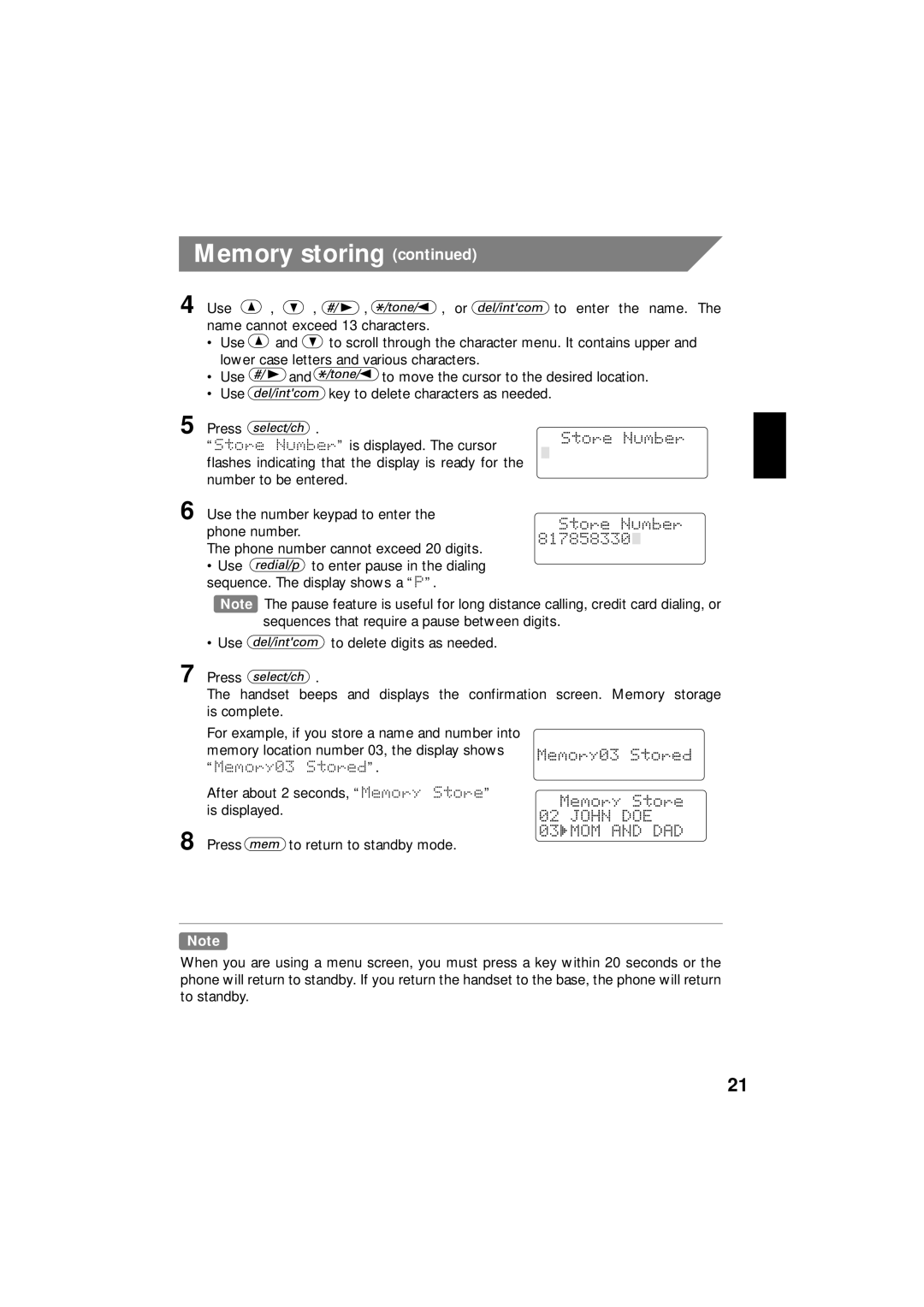 Uniden EXI 8966 manual Memory storing 