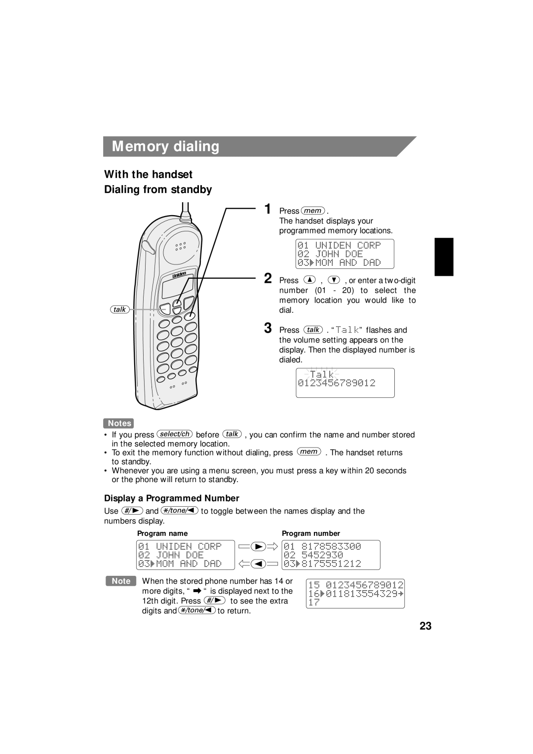 Uniden EXI 8966 manual Memory dialing, With the handset Dialing from standby, Display a Programmed Number 