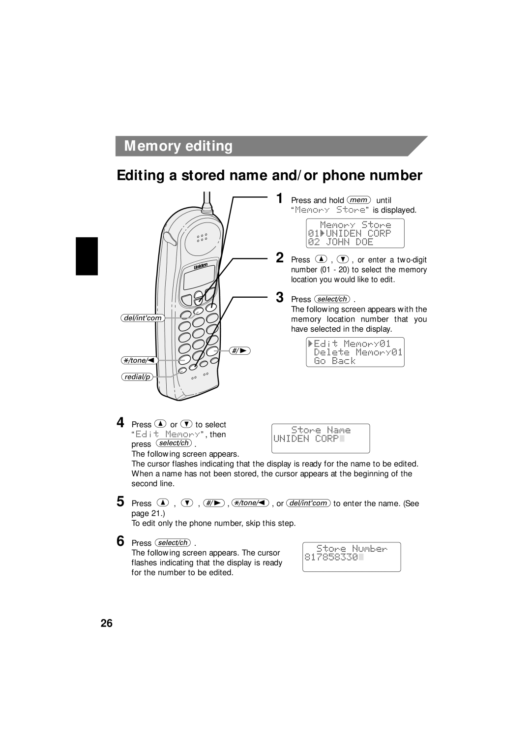 Uniden EXI 8966 manual Memory editing, Editing a stored name and/or phone number 