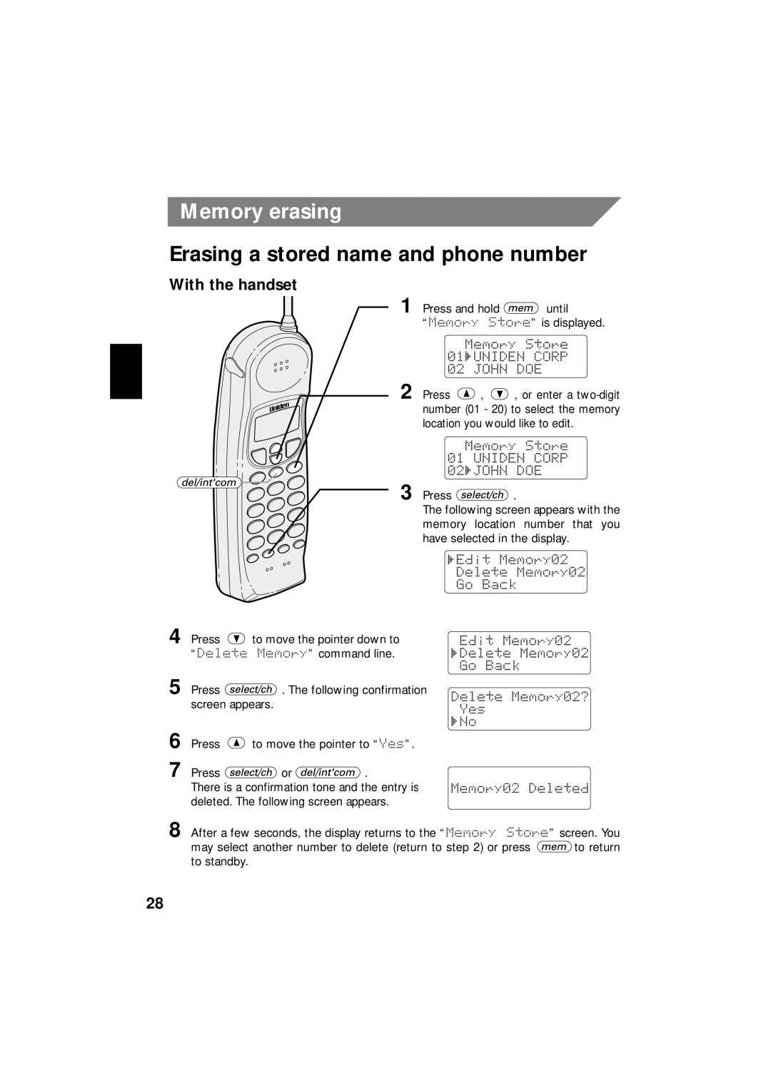 Uniden EXI 8966 manual Memory erasing, Erasing a stored name and phone number 