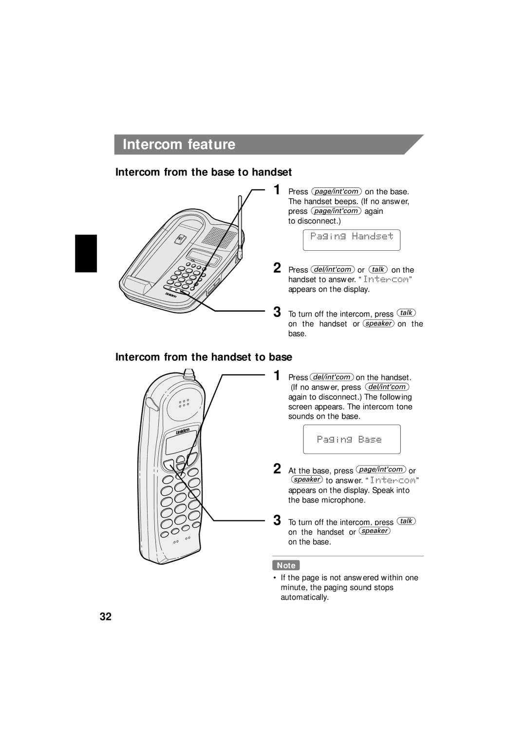 Uniden EXI 8966 manual Intercom feature, Intercom from the base to handset, Intercom from the handset to base 