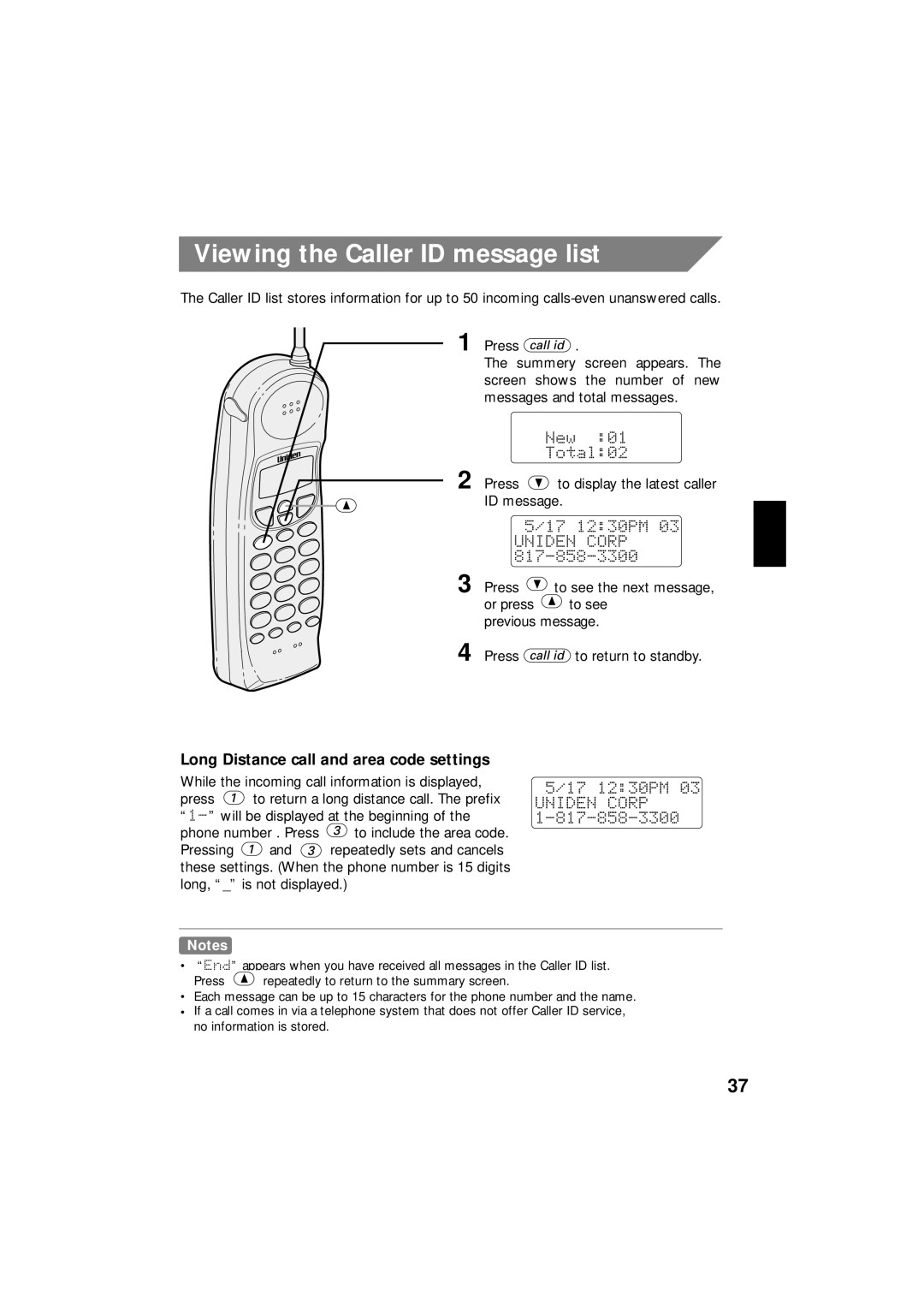 Uniden EXI 8966 manual Viewing the Caller ID message list, Long Distance call and area code settings 