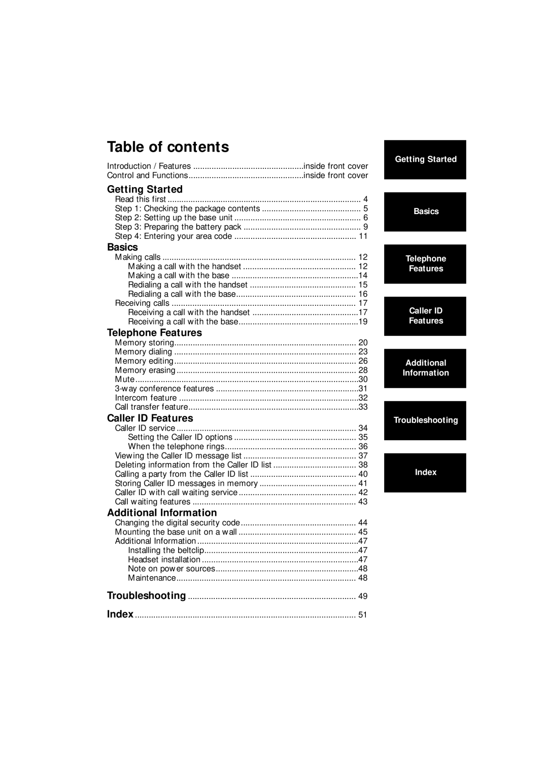 Uniden EXI 8966 manual Table of contents 