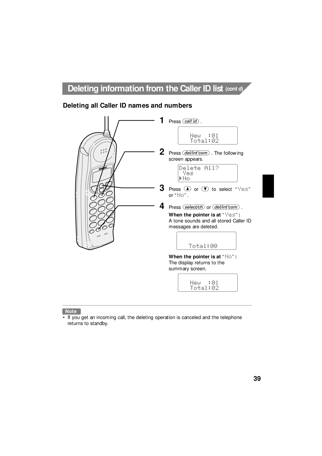 Uniden EXI 8966 manual Deleting information from the Caller ID list cont’d, Deleting all Caller ID names and numbers 