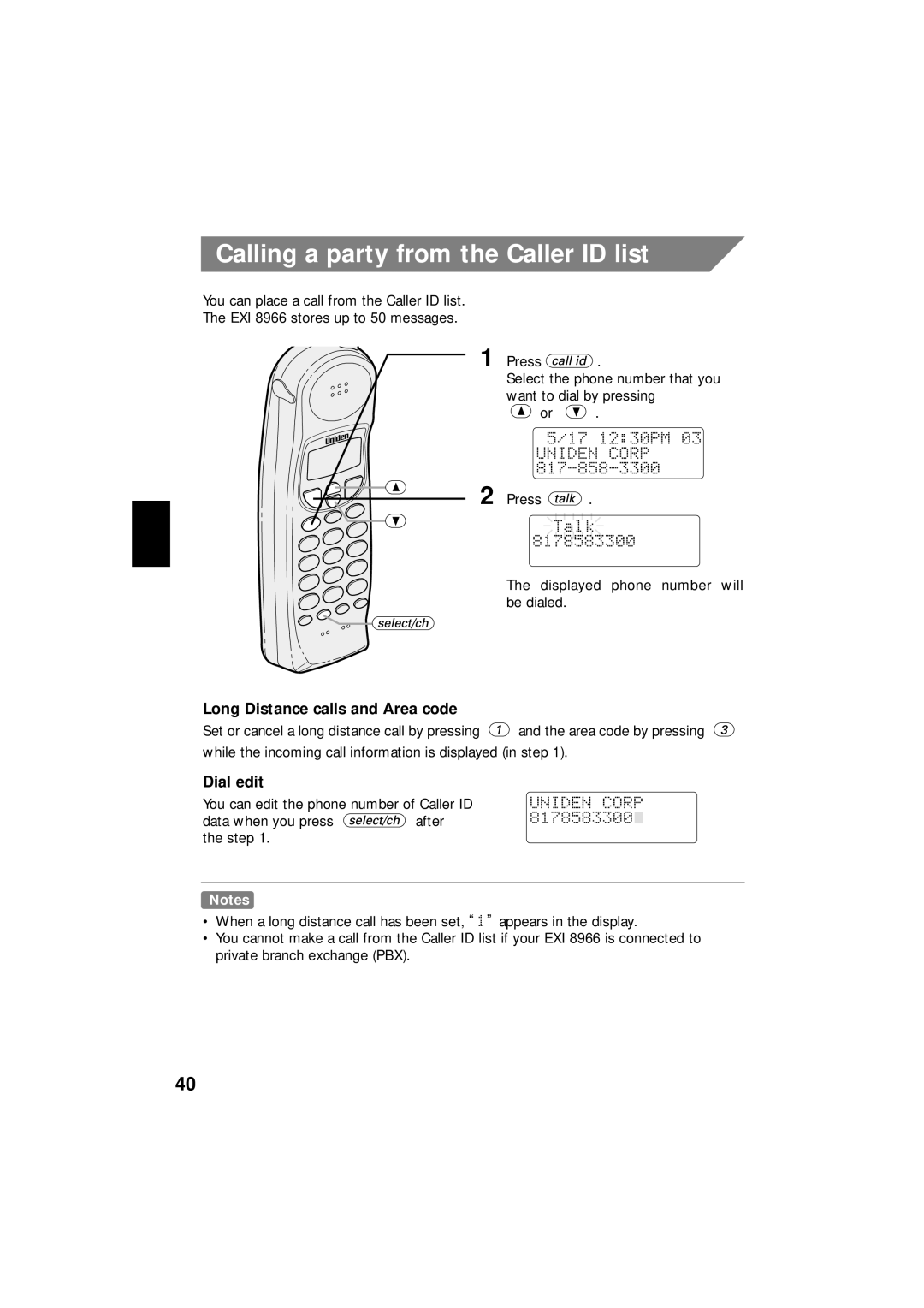 Uniden EXI 8966 manual Calling a party from the Caller ID list, Long Distance calls and Area code, Dial edit 