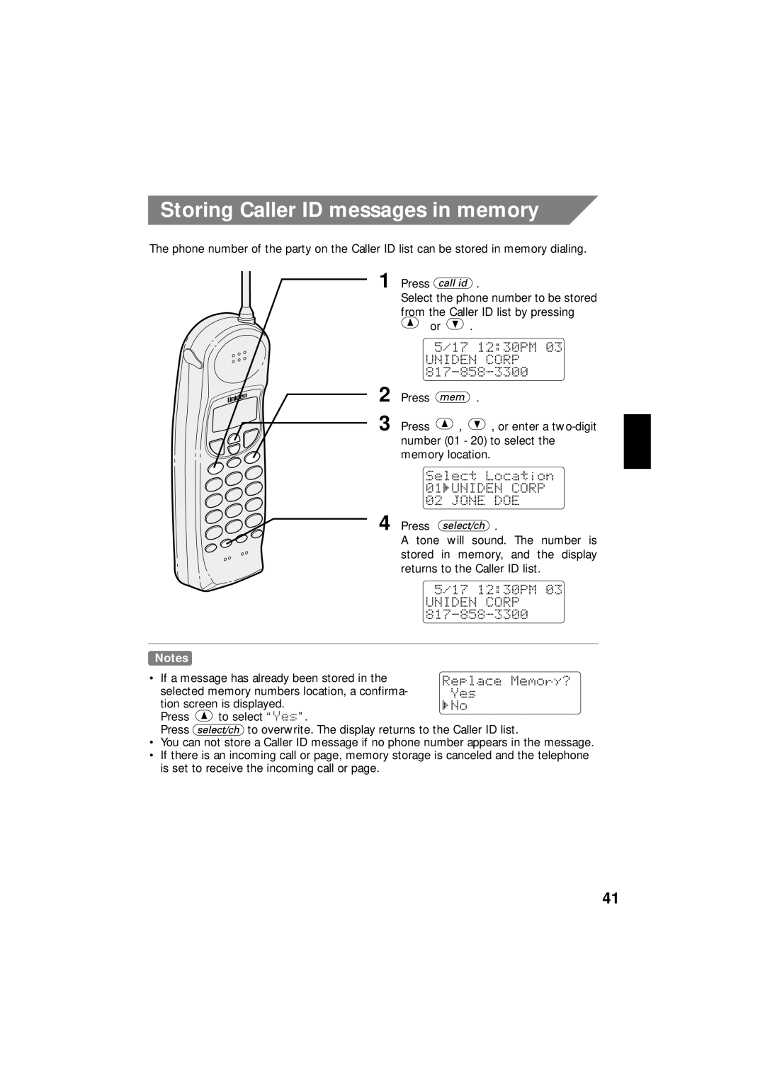 Uniden EXI 8966 manual Storing Caller ID messages in memory 