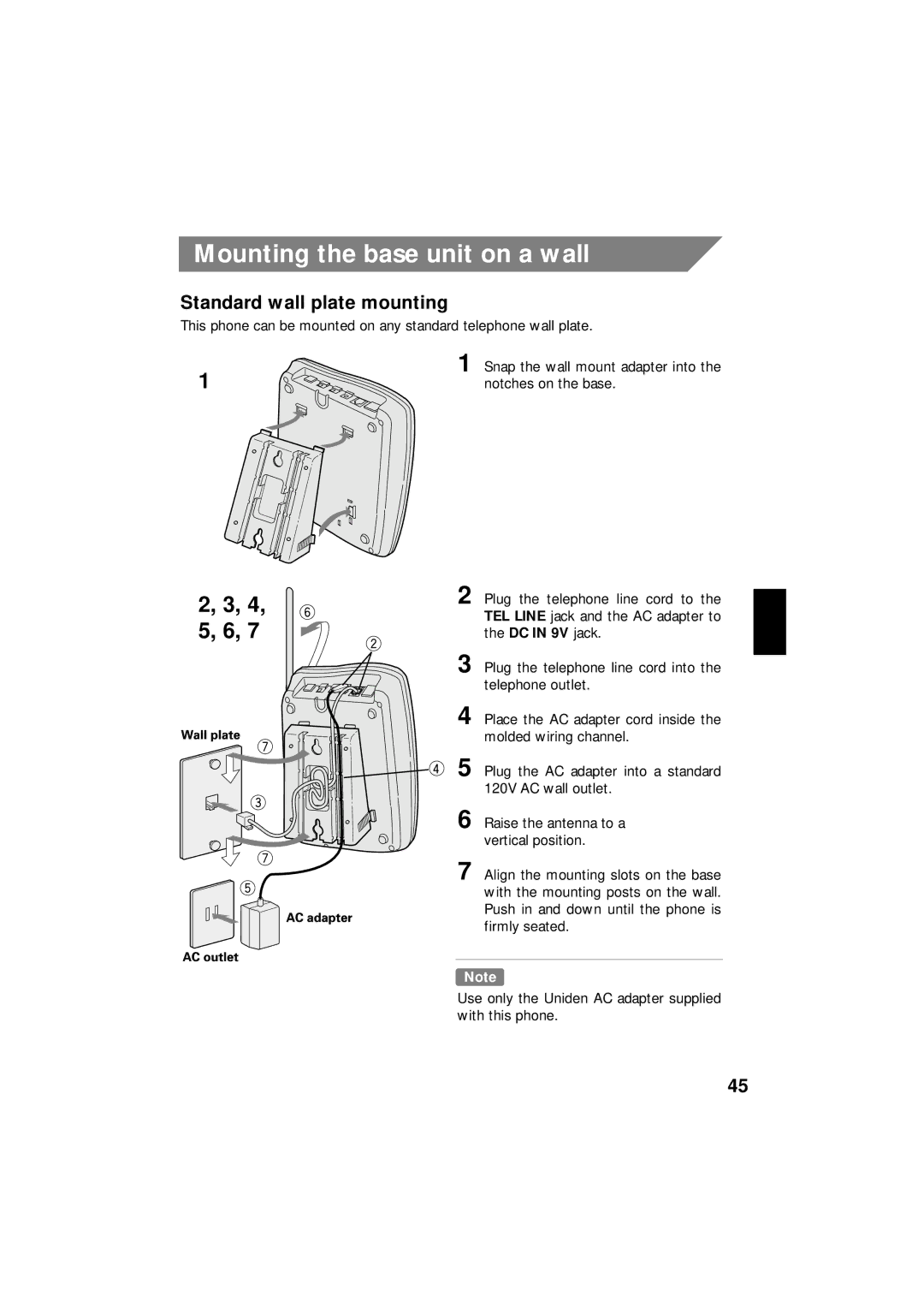 Uniden EXI 8966 manual Mounting the base unit on a wall, Standard wall plate mounting 