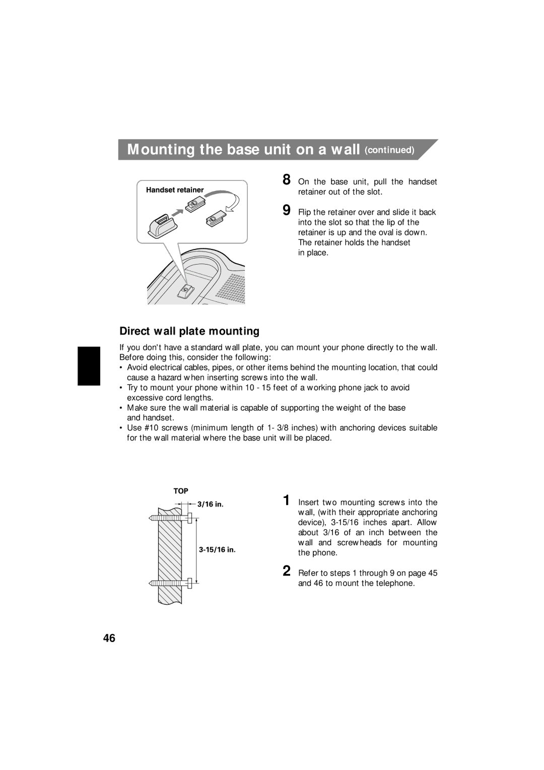 Uniden EXI 8966 manual Direct wall plate mounting 