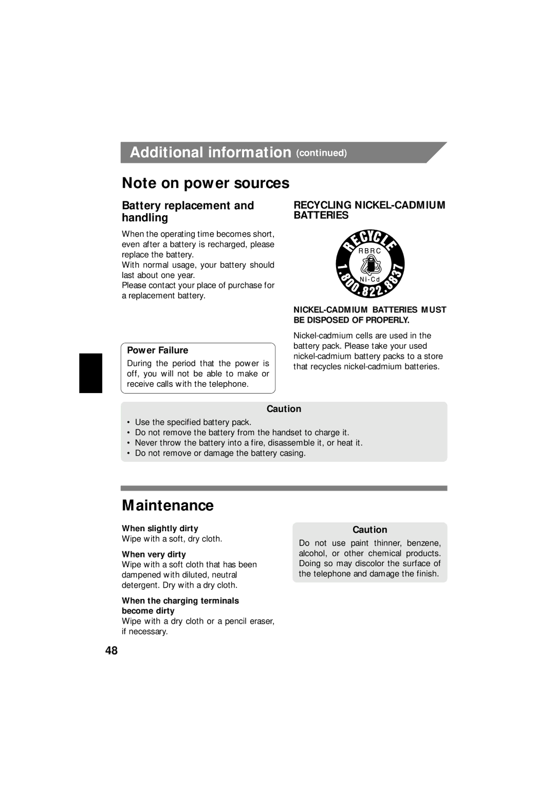 Uniden EXI 8966 manual Maintenance, Battery replacement, Handling, Power Failure 