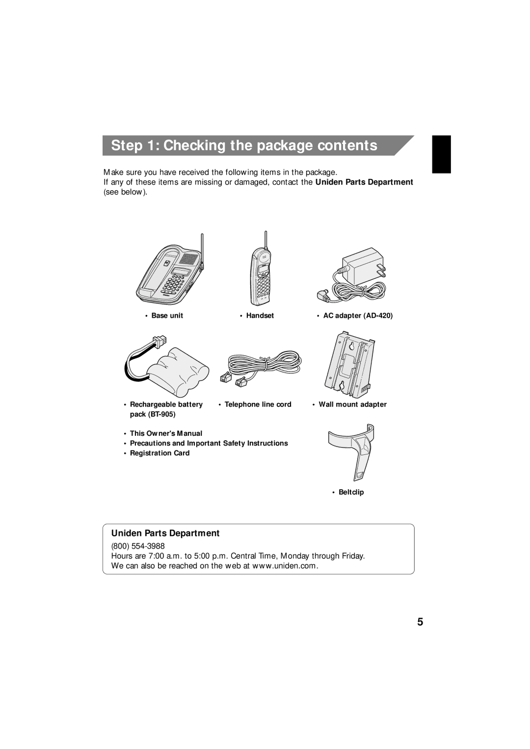 Uniden EXI 8966 manual Checking the package contents 