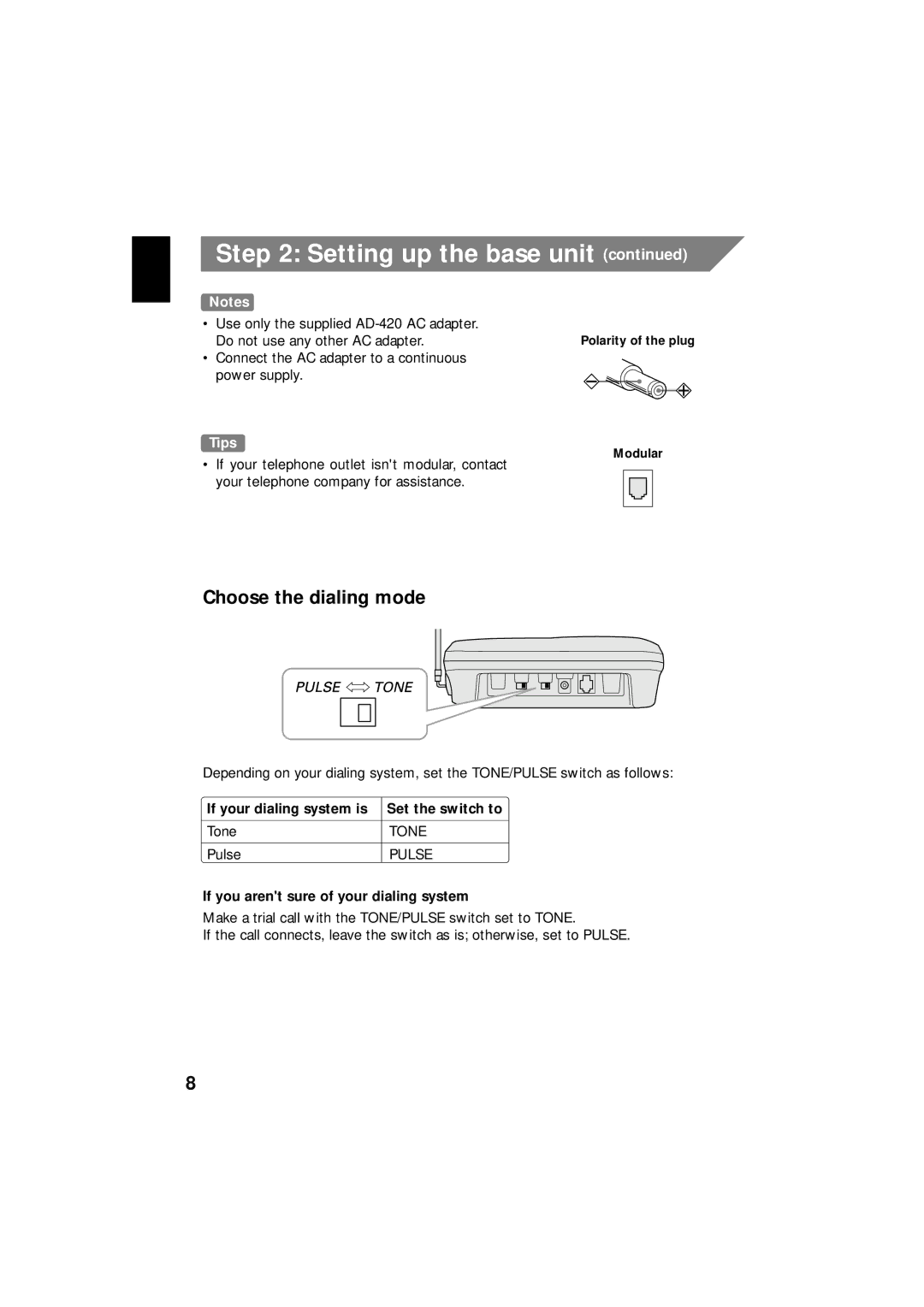 Uniden EXI 8966 manual Choose the dialing mode, Tips 