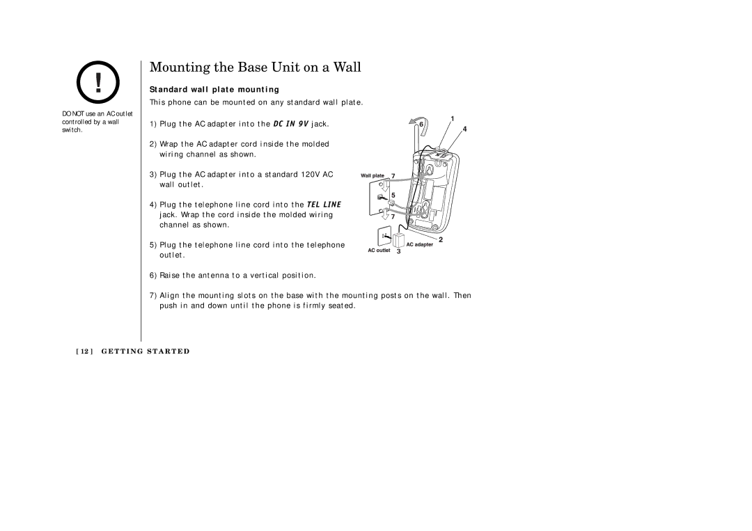 Uniden EXI2246 manual Mounting the Base Unit on a Wall, Standard wall plate mounting 