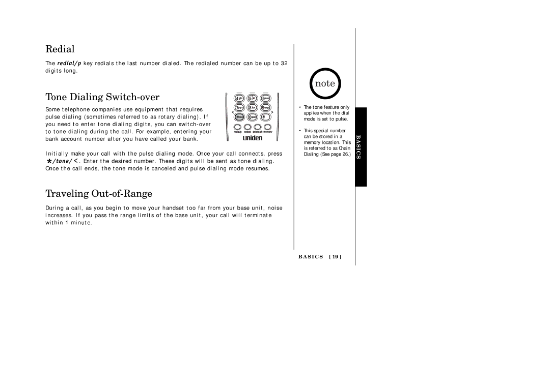 Uniden EXI2246 manual Redial, Tone Dialing Switch-over, Traveling Out-of-Range 