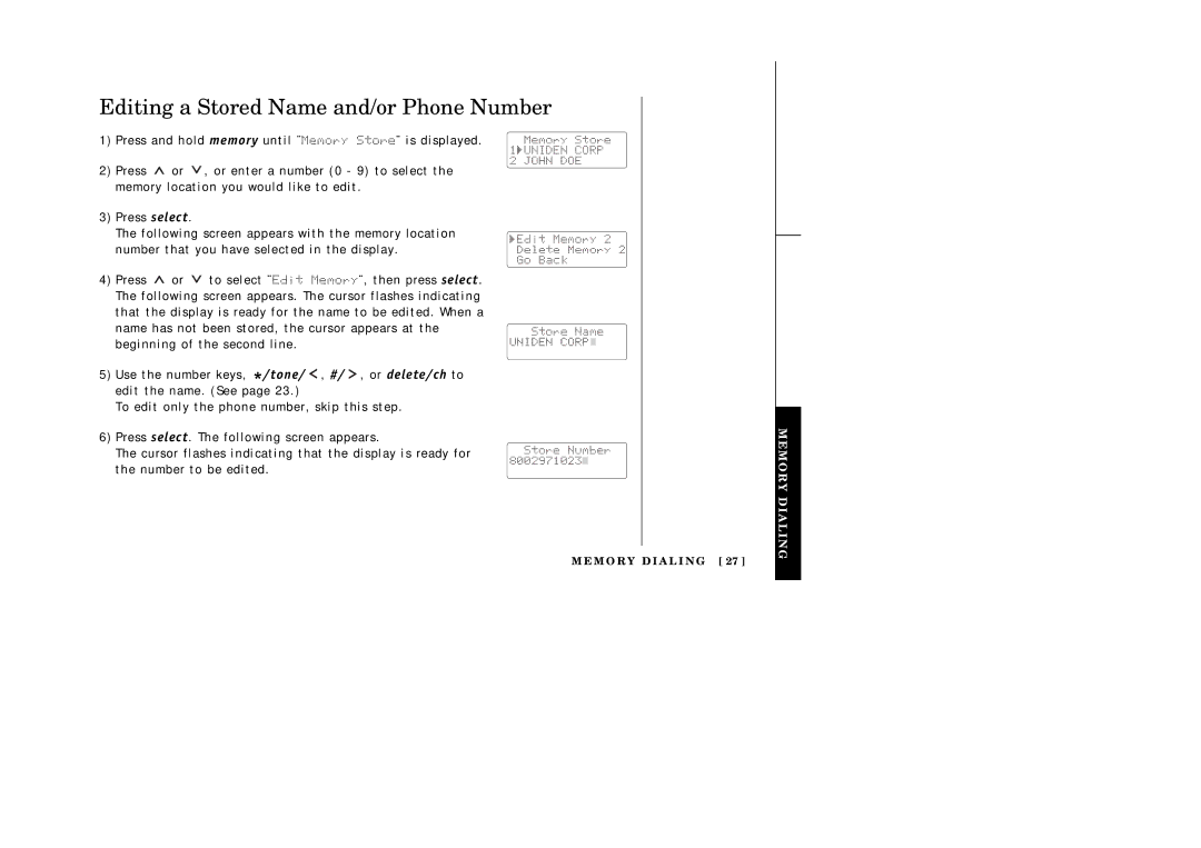 Uniden EXI2246 manual Editing a Stored Name and/or Phone Number 