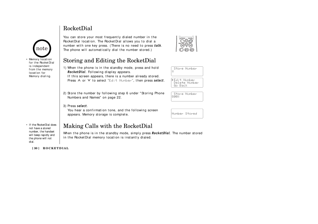 Uniden EXI2246 manual Storing and Editing the RocketDial, Making Calls with the RocketDial 