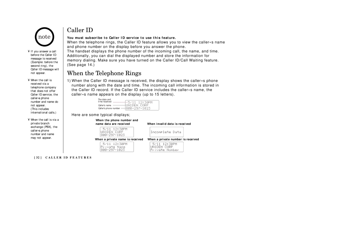 Uniden EXI2246 manual When the Telephone Rings, You must subscribe to Caller ID service to use this feature 