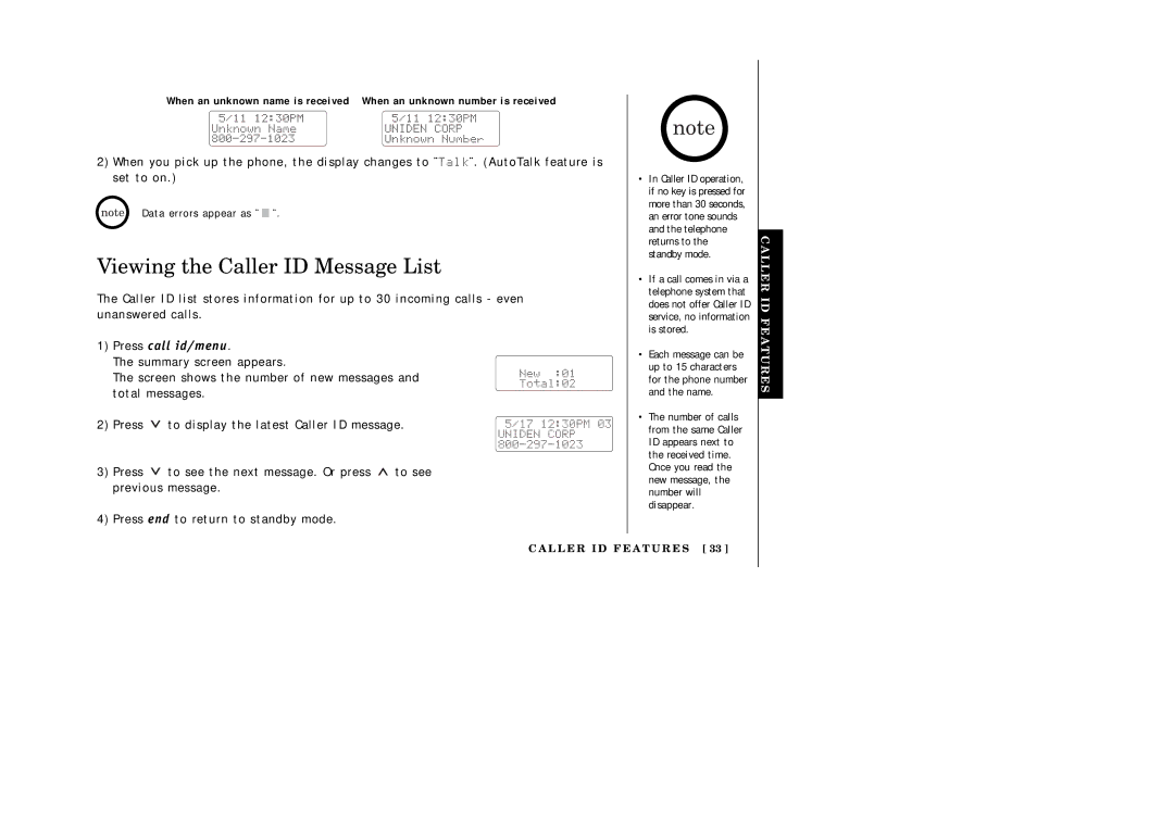 Uniden EXI2246 manual Viewing the Caller ID Message List, Standby mode 