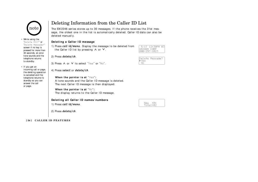 Uniden EXI2246 Deleting Information from the Caller ID List, Deleting a Caller ID message, When the pointer is at ¨Yes¨ 