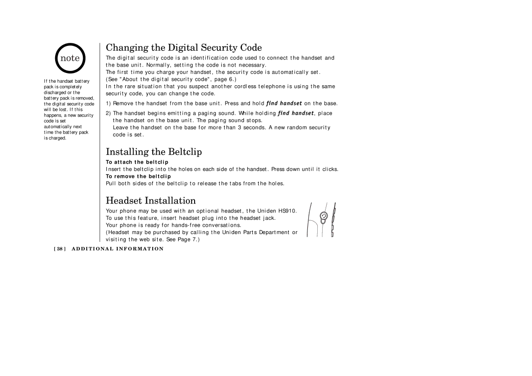 Uniden EXI2246 Changing the Digital Security Code, Installing the Beltclip, Headset Installation, To attach the beltclip 