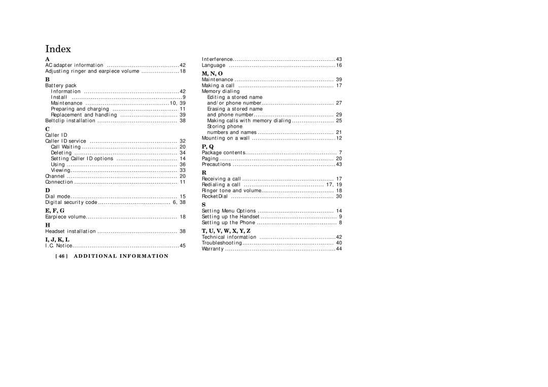 Uniden EXI2246 manual Index, K, L 