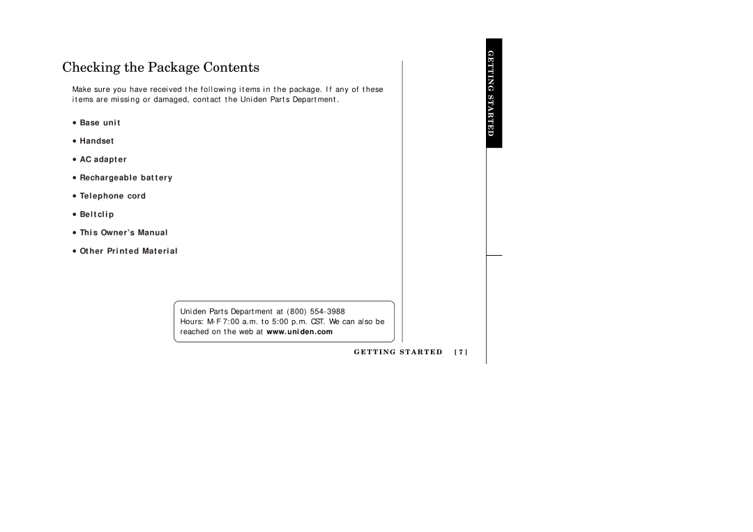 Uniden EXI2246 manual Checking the Package Contents 