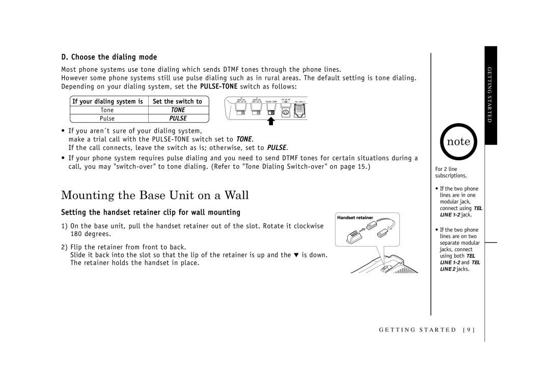 Uniden EXI2926 owner manual Mounting the Base Unit on a Wall, Choose the dialing mode 