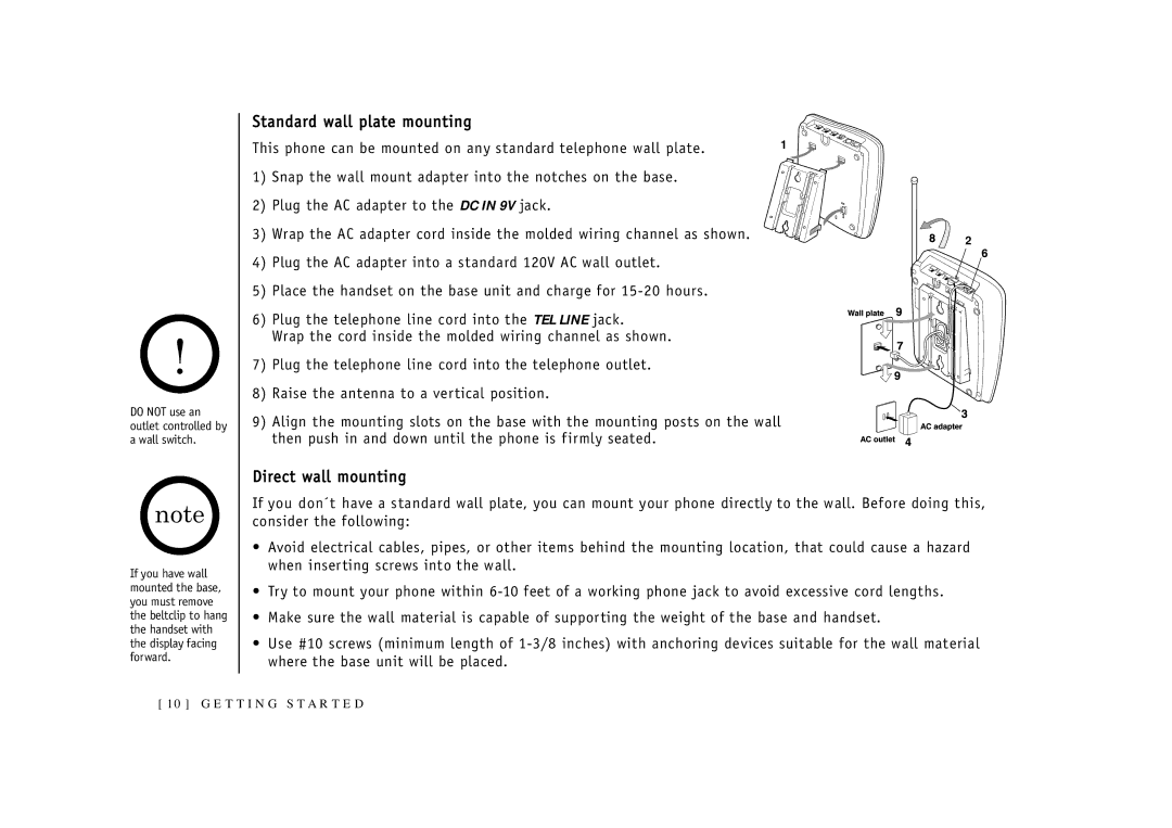 Uniden EXI2926 owner manual Standard wall plate mounting, Direct wall mounting 