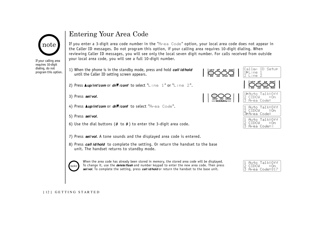 Uniden EXI2926 owner manual Entering Your Area Code 