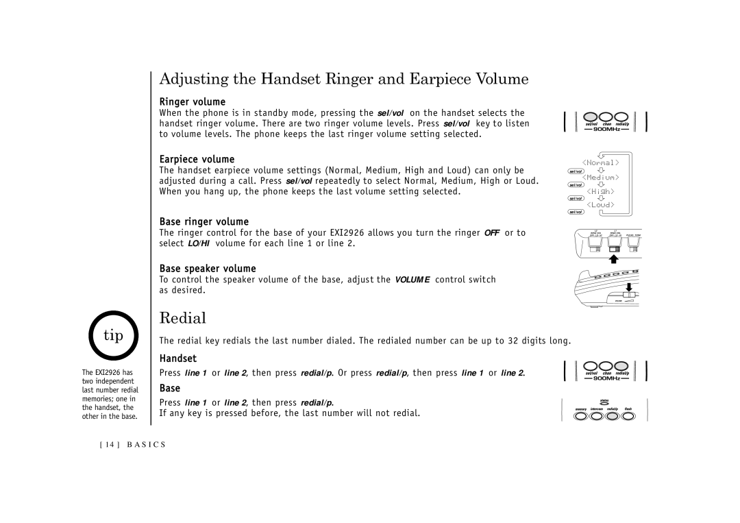 Uniden EXI2926 owner manual Adjusting the Handset Ringer and Earpiece Volume, Tip, Redial 